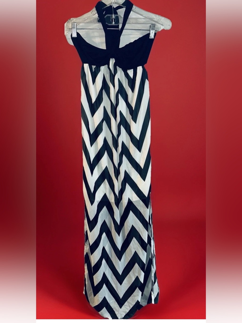 Rachel Kate Black White Chevron Halter Maxi Dress M Boho Summer Resort Coastal